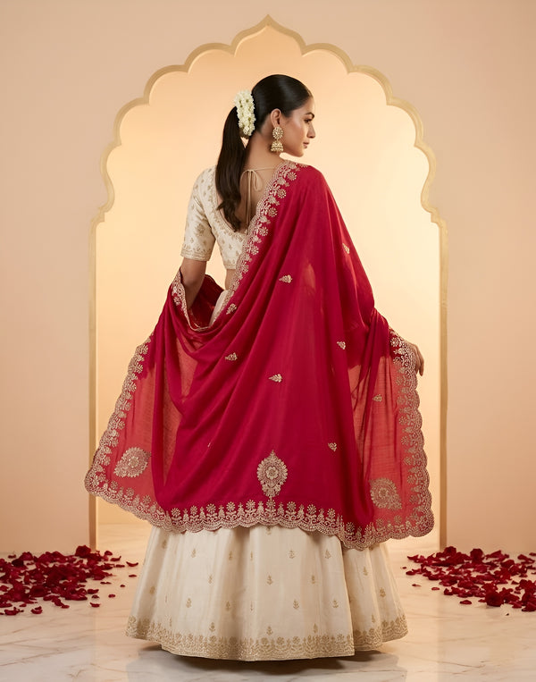 Luxe Vichitra Women Red Dupatta with 4 Side Scalloped Embroidered Border & Buti Embellishment