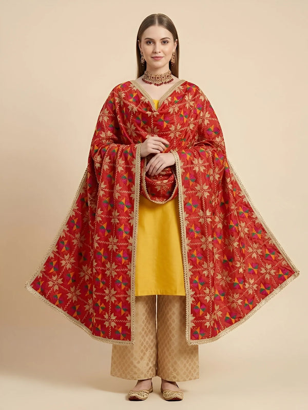Luxe Chinon Women Phulkari Red Dupatta with Lace Border & Traditional Motif Work