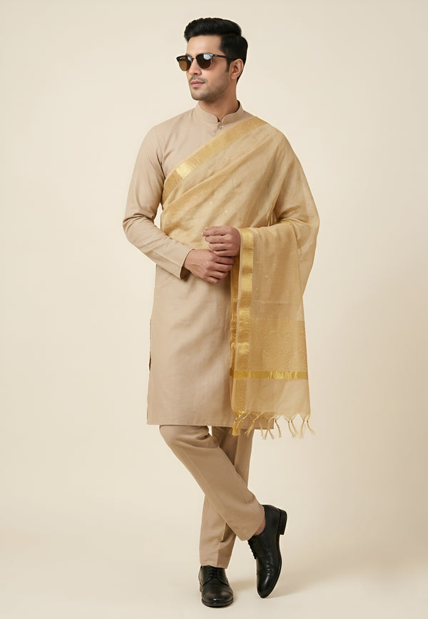 Cotton Silk Mens Dupatta – Gold with Zari Buta & Border Work