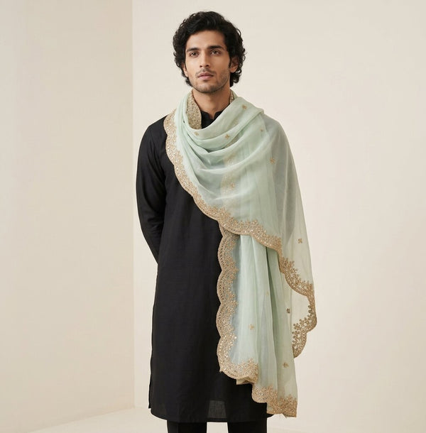 White Organza Mens Dupatta – Scalloped Cutwork Border with Buti Work