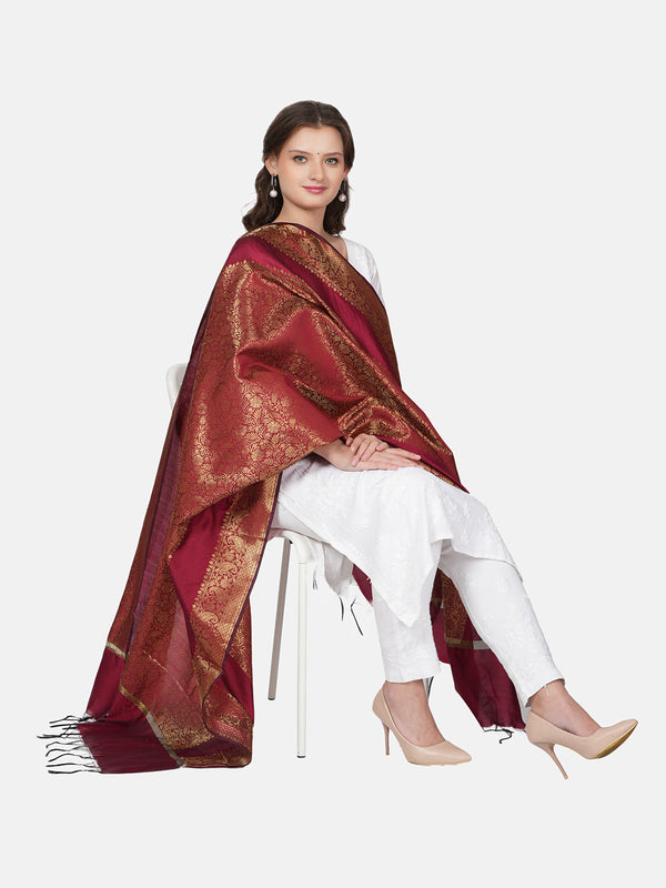 Maroon Banarasi Silk Dupatta with All-Over Woven Floral Zari Jaal (Size: 2.5x1 m Approx)