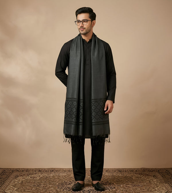 Cotton Mens Dupatta – Black with Diamond Cut Work & Woven Border