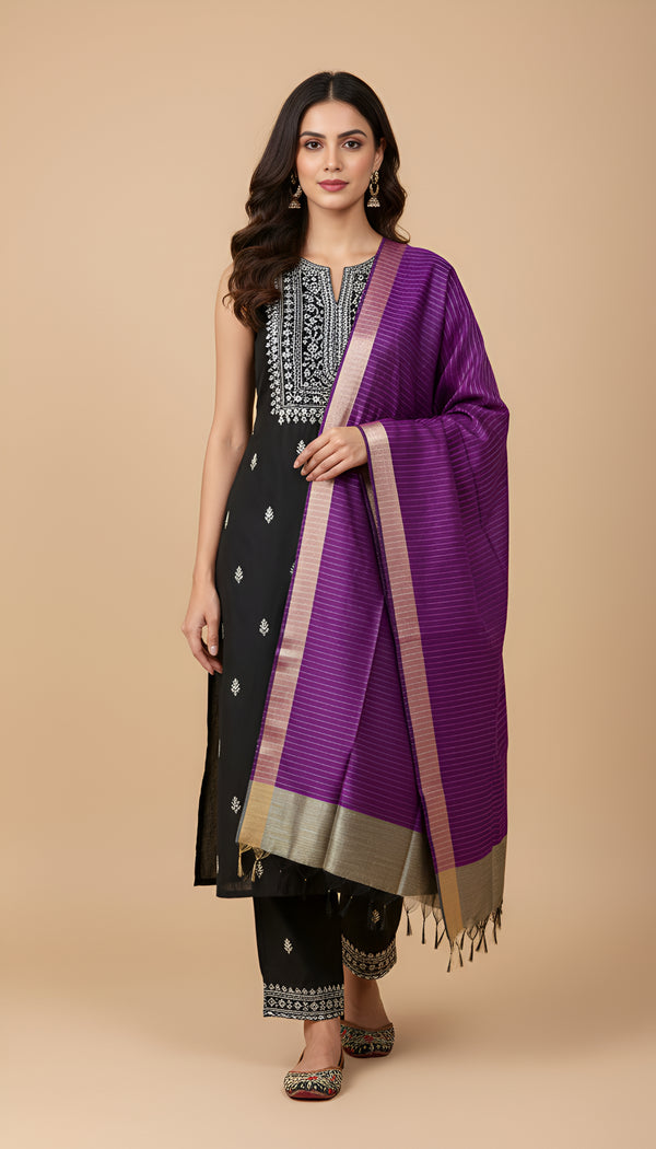 Purple Striped Silk Dupatta with Zari Border | Elegant Ethnic Drape (2.5 Metres Approx.)