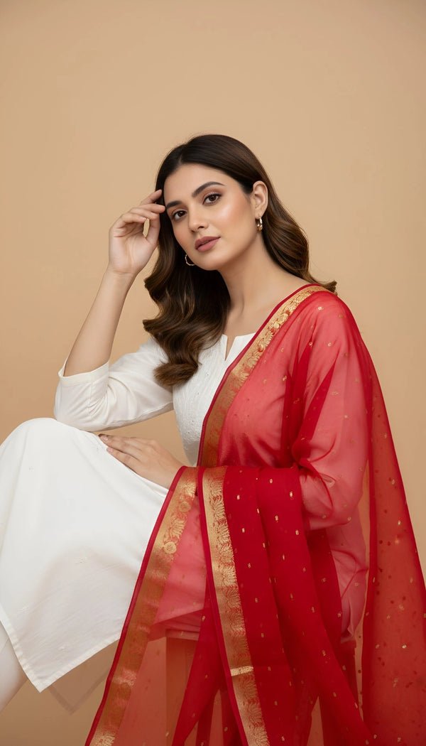 Red Lightweight Cotton Silk Dotted Dupatta | Elegant Everyday Ethnic Drape