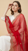 Red Organza Women Dupatta – Scalloped Cutwork Border with Buti Work
