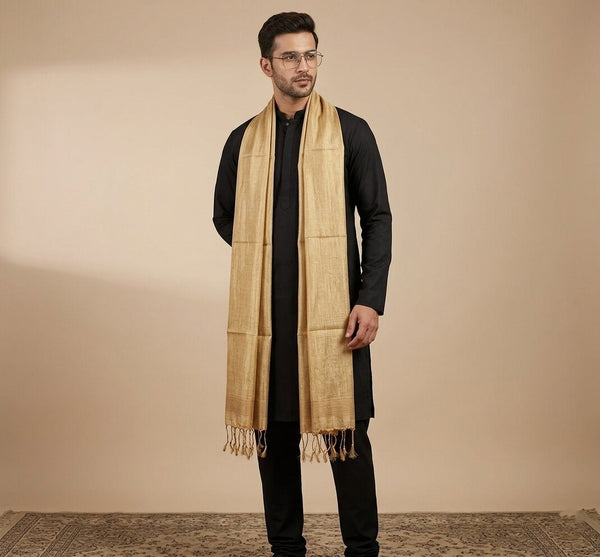 Khadi Cotton Mens Dupatta – Dusty Gold with Textured Weave