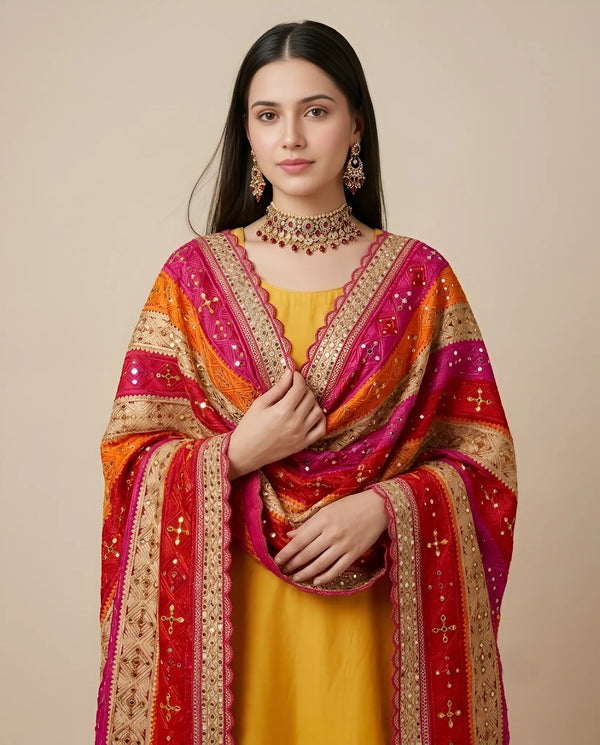 Luxe Chinon Multicolour Mirror Work Embroidered Phulkari Dupatta with Scalloped Lace Border
