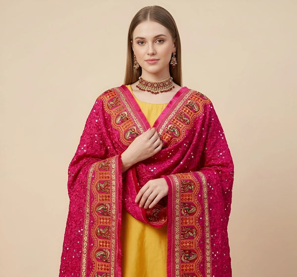 Luxe Chinon Kutch & Phulkari Heritage Art Mirror Work Embroidered Pink Dupatta with Ornate Border