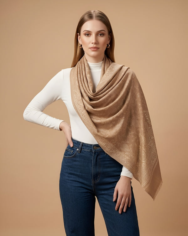 Everyday Wool Blend All-Over Zari Jacquard Woven Floral Trellis Brown Stole