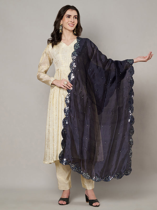 Blue Silk Dupatta with Scalloped Cutwork Border & Sequin Highlights (Size: 2.5x1 m Approx)