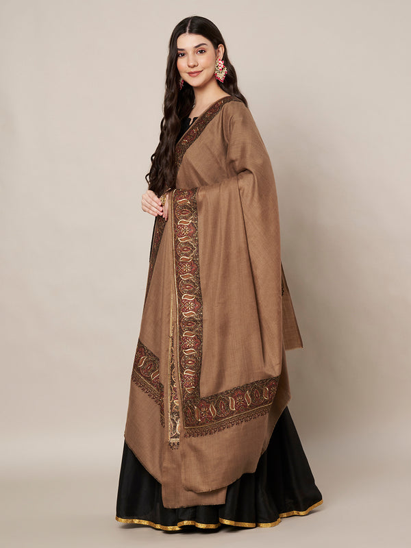 Woolen Women Shawl in Warm Mocha Brown with Intricate Traditional Embroidered Border (80 x 40 Inches)