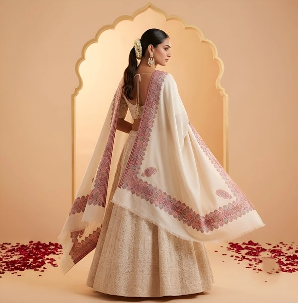 Naqsh-e-Kashmir Inspired Kani Paisley & Geometric Border Wool Blend White Shawl