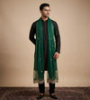 Green Twill Net Mens Dupatta – Scalloped Cutwork Border with Buti Work