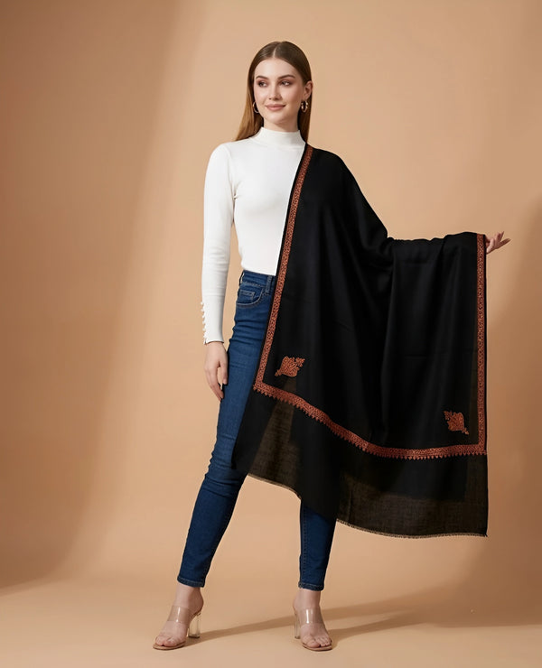 Regal Woven Border Accent Corner Wool Blend Black Stole| Kashmiri Inspired