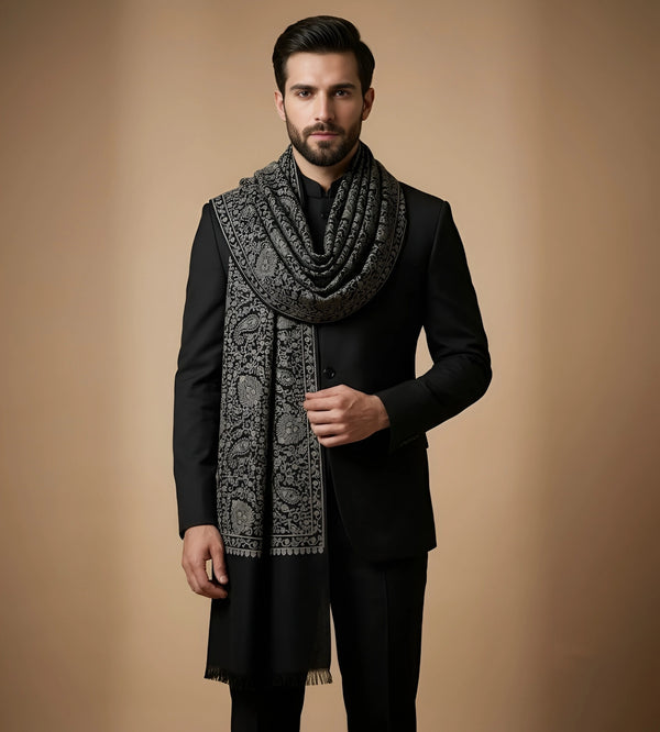 Mir-e-Khas Kashmiri Sozni Jaal Black Shawl for Men – Wool Blend