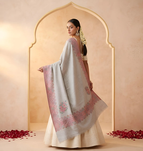 Naqsh-e-Kashmir Inspired Kani Paisley & Geometric Border Wool Blend Grey Shawl