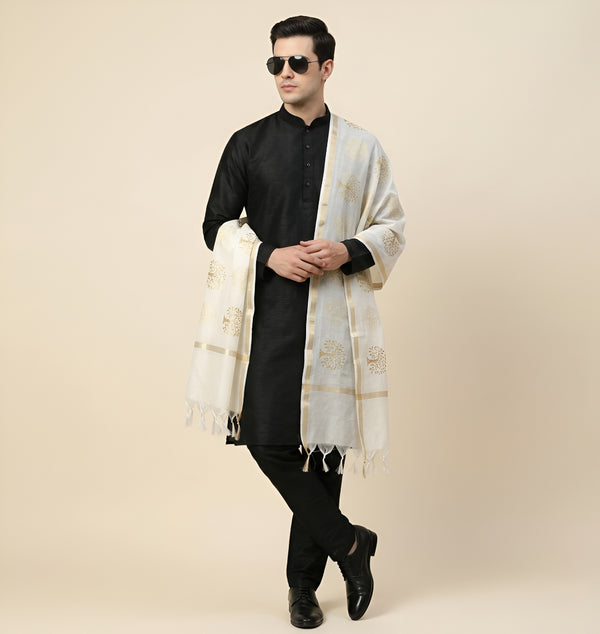 Organza Zari Buta Mens Dupatta – White Tone with Gold Woven Design