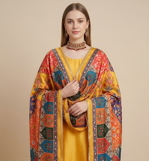 Chinon Floral Mirror Work Women Multicolor Dupatta with Designer Printed Panels & Lace Border