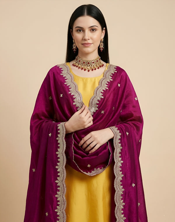 Luxe Fendi Women Purple Dupatta with 2 Side Scalloped Border, Mirror Detailing & Buti Embellishment