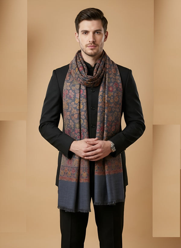 Noble Mens Wool Blend Floral Kani Weave Grey Stole