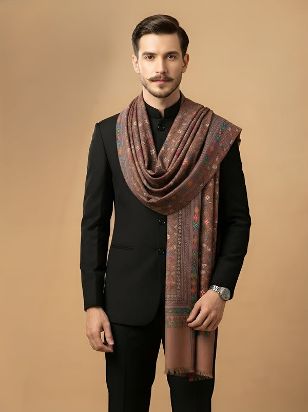 Reserve Mens All-Over Kalamkari Floral Print Bamboo Silk Brown Stole