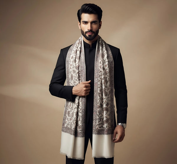 Mir-e-Khas Men's Kashmir-Inspired Jamawar Floral Paisley Vine White Shawl