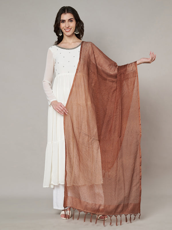Brown Sheer Handwoven Cotton Dupatta with Tassel Finish (Size: 2.5x1 m Approx)
