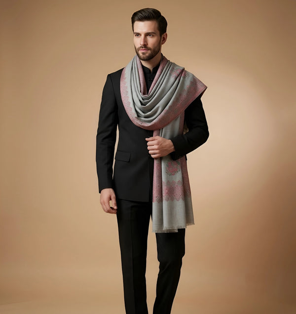 Mir-e-Khas Men's Kashmir-Inspired Kani Paisley & Geometric Border Wool Blend Grey Shawl