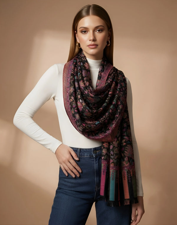 Regal Kani Weave All-Over Floral Jaal Wool Blend Black Stole | Kashmiri Inspired