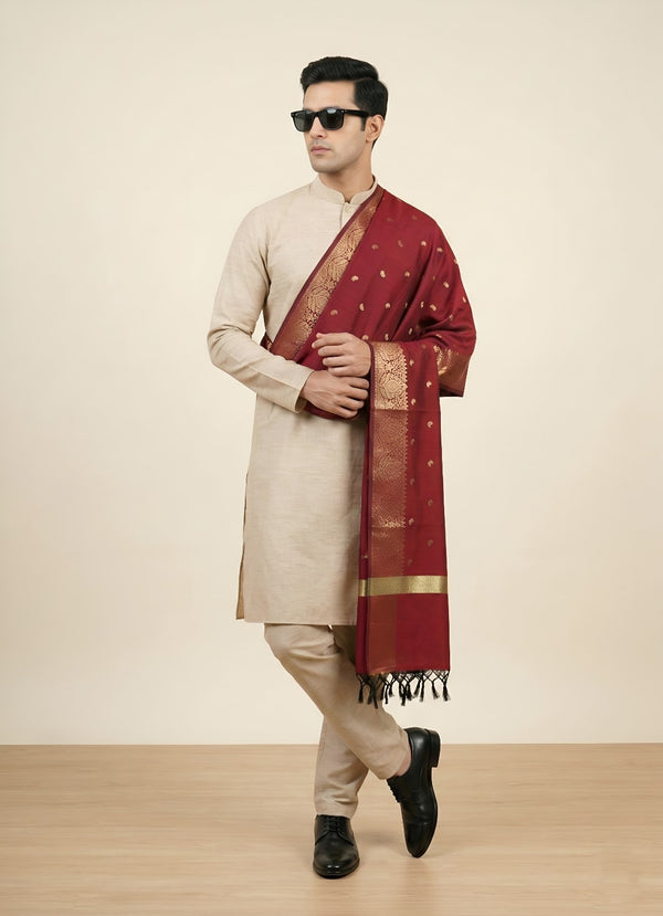 Banarasi Silk Mens Dupatta – Maroon with Zari Buta & Border Work