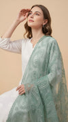 Teal Organza Embroidered Dupatta for Women with Paisley & Floral