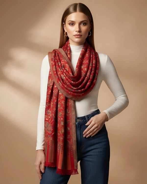 Regal Kani Weave All-Over Floral Jaal Wool Blend Red Stole | Kashmiri Inspired
