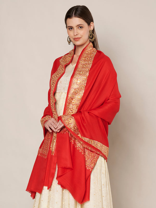 Solid Red Woolen Women Shawl with Rich Embroidered Border – 80 x 40 Inches