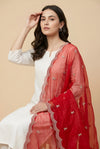Designer Twill Net Women Red Dupatta with 2 Side Scalloped Border & Buti Embellishment