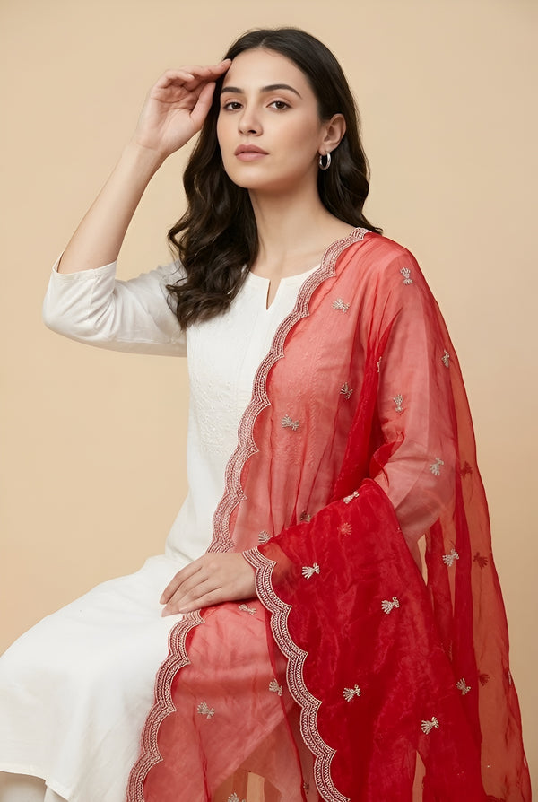 Designer Twill Net Women Red Dupatta with 2 Side Scalloped Border & Buti Embellishment