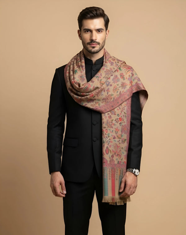 Noble Kani Weave All-Over Floral Jaal Wool Blend Beige Stole