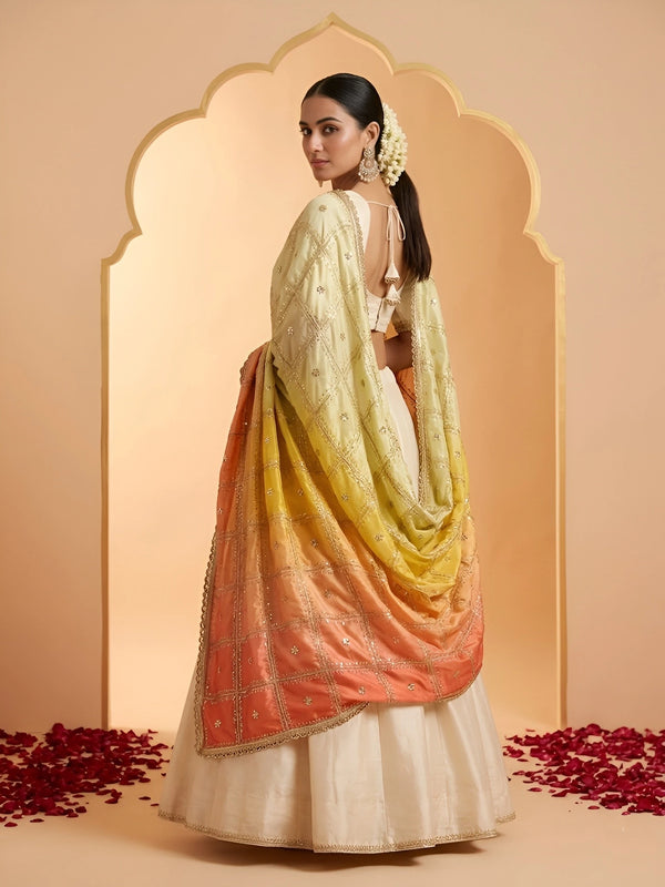 Luxe Chinon Womens Yellow Dupatta – Embellished Grid Work with Lace Border