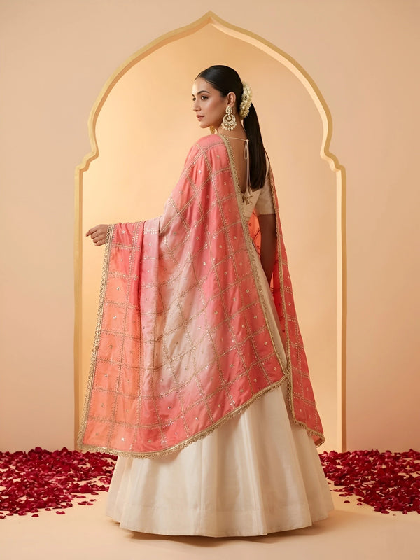 Luxe Chinon Womens Pink Dupatta – Embellished Grid Work with Lace Border