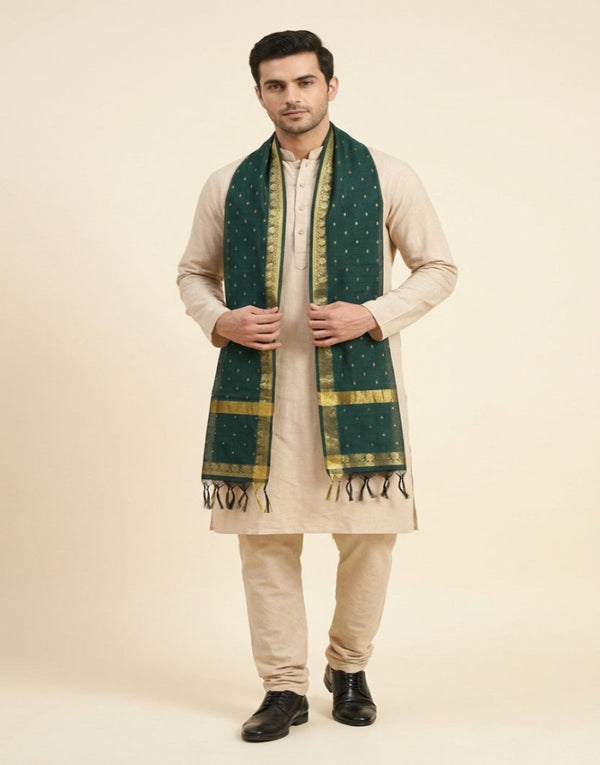 Cotton Silk Mens Dupatta – Green with Zari Buta & Border Work