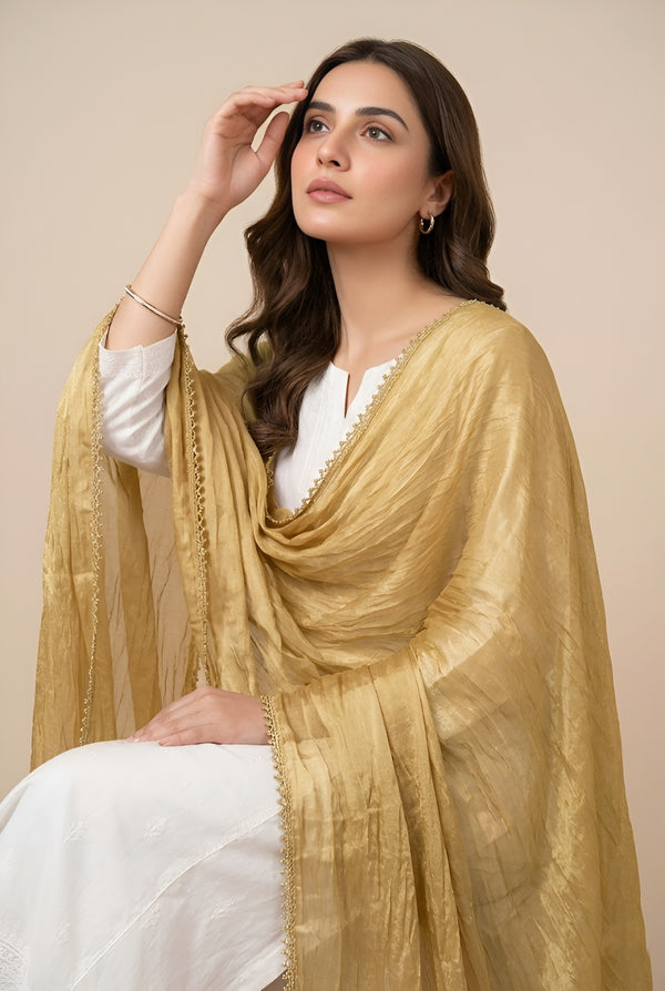 Gold Nazneen Chiffon Dupatta with Lace Border | Solid Lightweight Wrap