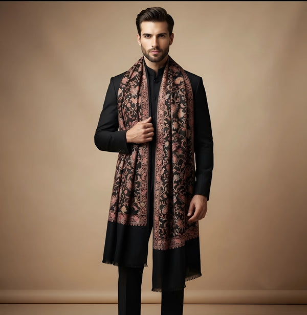 Mir-e-Khas Men's Kashmir-Inspired Jamawar Floral Paisley Vine Black Shawl