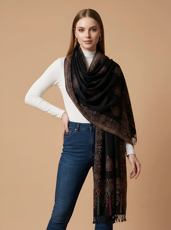 Regal Kani Woven Paisley Border Wool Blend Black Stole | Kashmiri Inspired