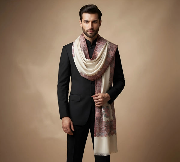 Mir-e-Khas Men's Kashmir-Inspired Kingri Jacquard Woven White Shawl with Floral Border