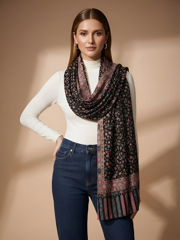 Everday Bamboo Silk Floral Kalamkari Printed Black Stole