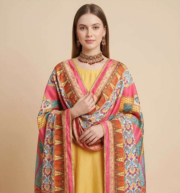 Chinon Floral Mirror Work Women Multicolor Dupatta with Designer Printed Panels & Lace Border