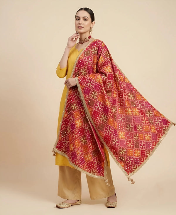 Luxe Phulkari Chinon Mirror Work Embroidered Pink Dupatta with Elegant Lace Border