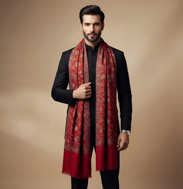 Mir-e-Khas Men's Kashmir-Inspired Jamawar Floral Paisley Vine Red Shawl