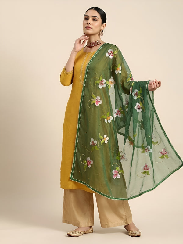 Luxe Organza Women Bottle Green Dupatta with Handbrush Floral Art & Beads