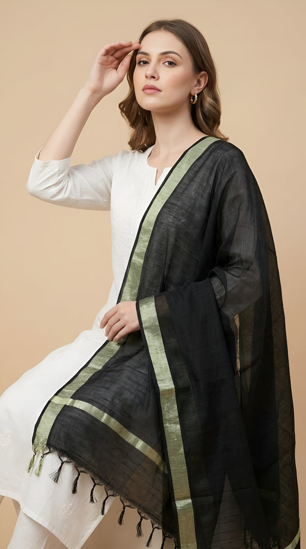 Black Cotton Dupatta with Golden Border | Lightweight Ethnic Wrap