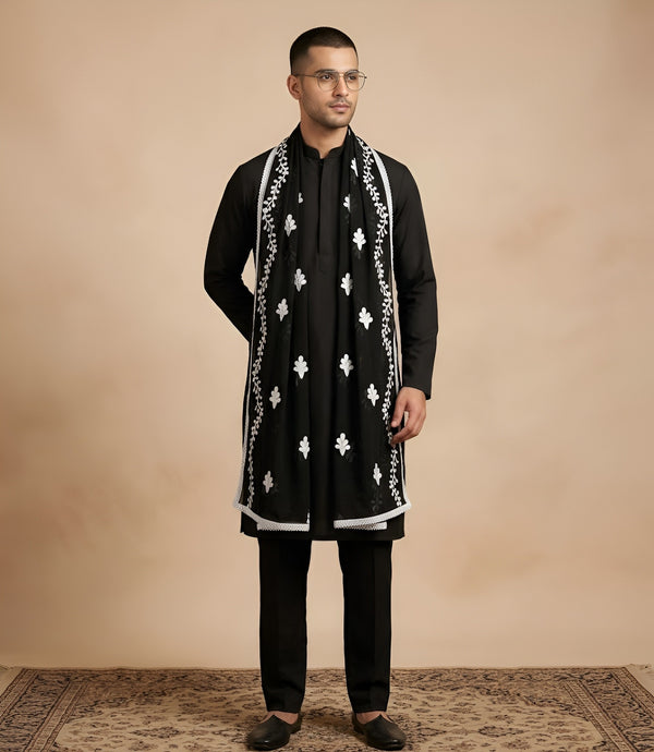 Black Nazneen Chiffon Mens Dupatta with Floral Embroidery & Border